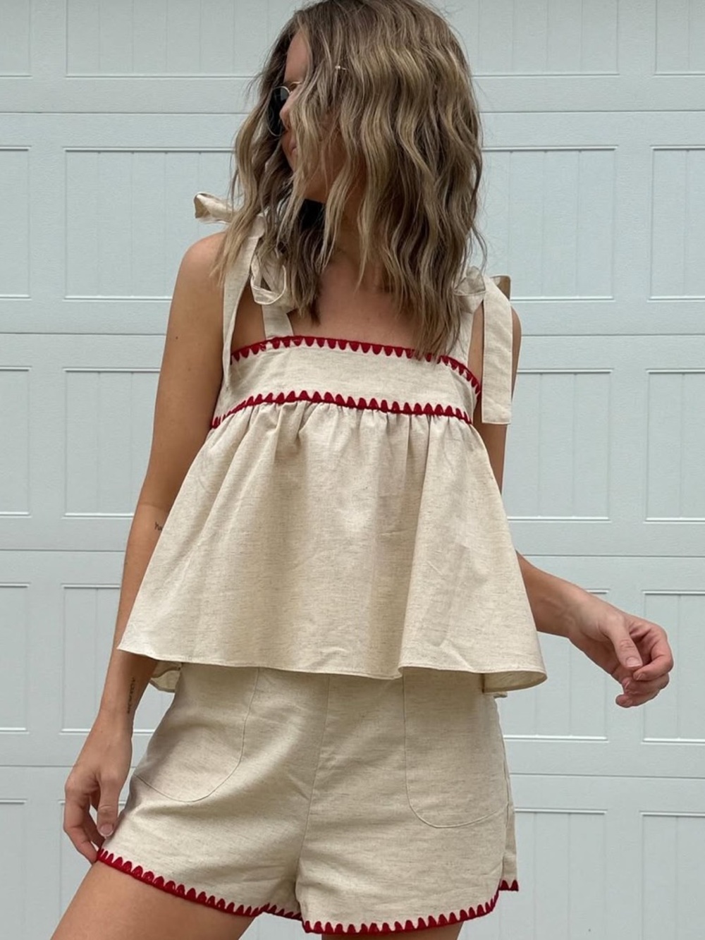 Cream & Red Embroidered Set